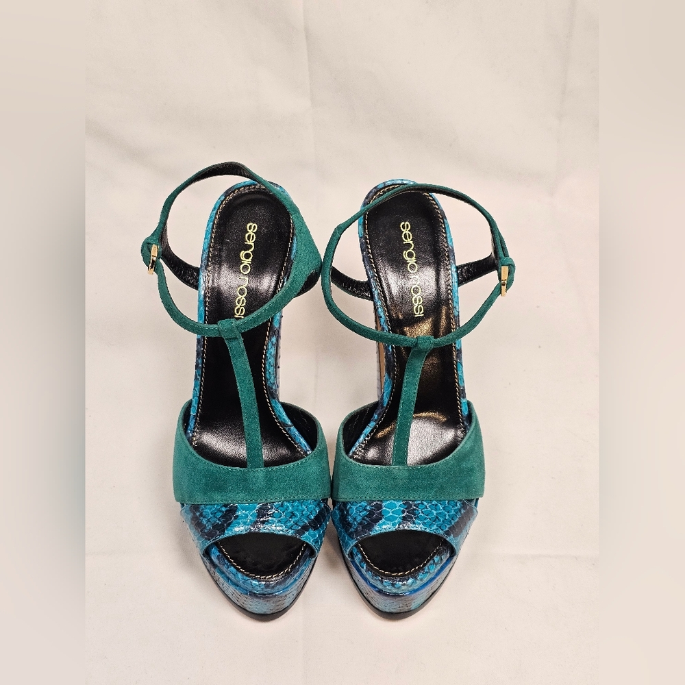 Sergio Rossi Elaphe Blue/Green Suede and Python Leather Platform Size US 5.5 - Picture 5 of 16
